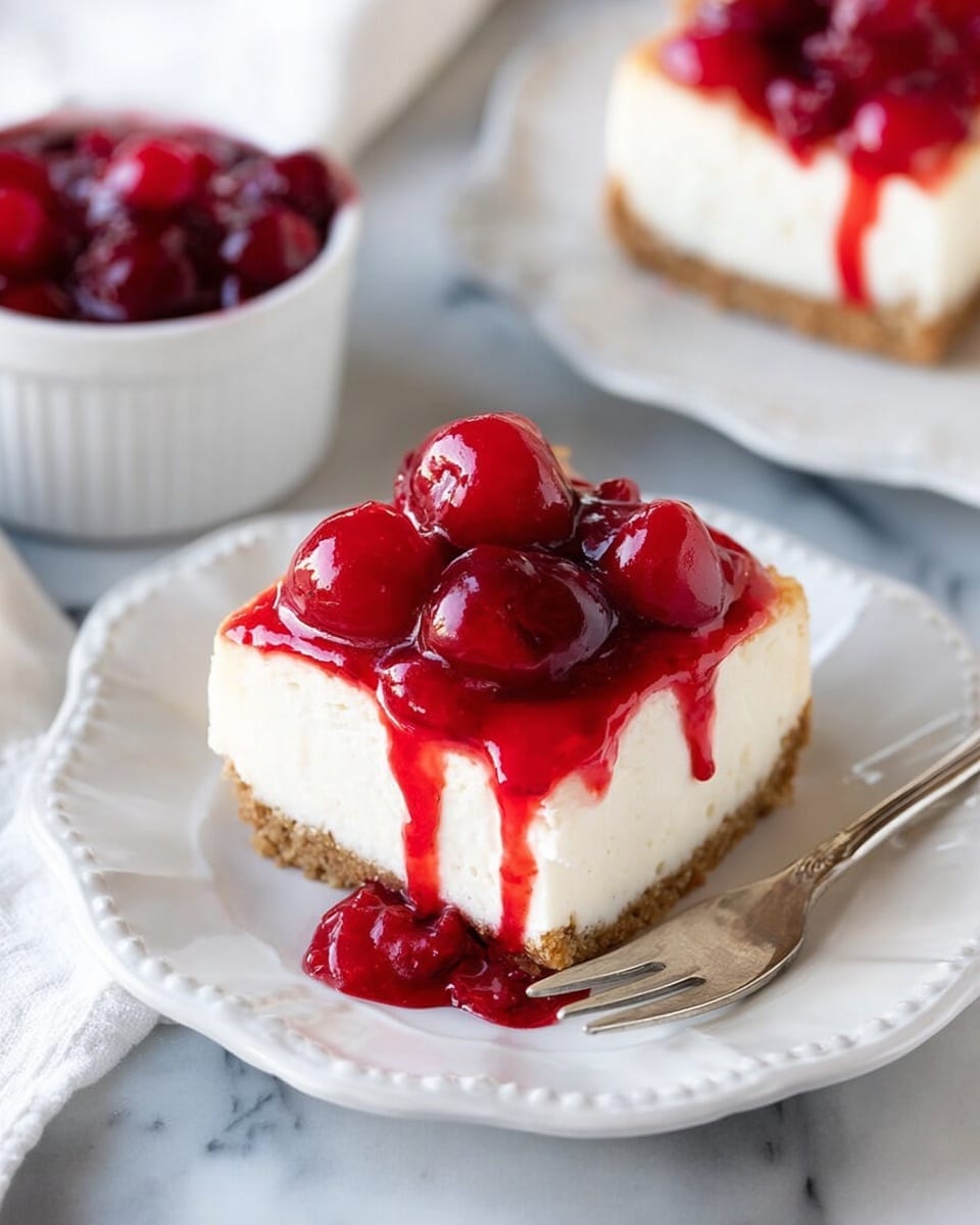 A white scalloped plate holds a square piece of cheesecake with three visible layers: the bottom layer is light brown and crumbly, the middle layer is thick and creamy white, and the top layer is bright red cherry topping with whole cherries and glossy sauce dripping down the sides. A silver fork rests near the plate on a white marbled surface, and a white bowl filled with the same red cherry topping is blurred in the background. The photo has clear focus on the cheesecake with soft natural light photo taken with an iphone --ar 4:5 --v 7
