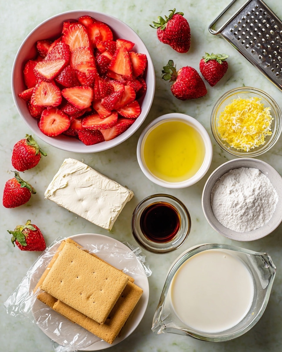 The image shows ingredients for a dessert on a white marbled surface. On the top left, there is a white bowl filled with bright red sliced strawberries. Scattered around the bowl are whole strawberries with green tops. To the right, there is a small white bowl with grated yellow lemon zest, a small white bowl with dark brown vanilla extract, and a clear small bowl holding lemon juice. Below these bowls is a white plate with a block of cream cheese. Towards the bottom left, there are light brown rectangular graham crackers partly wrapped in clear plastic. Next to them is a white bowl filled with powdered sugar. At the bottom right, a glass measuring cup holds a white liquid, likely cream. Visible near the top right is a metal grater with some lemon zest on it. Photo taken with an iphone --ar 4:5 --v 7
