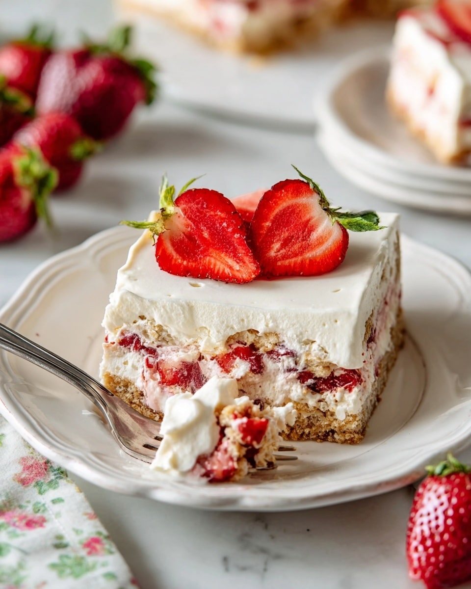 A square slice of dessert is placed on a white plate with a scalloped edge, resting on a white marbled surface. The dessert has three visible layers: the bottom layer is a crumbly, light brown crust, the middle layer is a mix of creamy white filling with pieces of strawberries embedded, and the top layer is a thick, smooth white cream. On top, there are three fresh, bright red strawberry halves with green tops, adding a pop of color. A silver fork nearby holds a bite-sized piece of the dessert. In the background, there is another plate with more dessert and whole strawberries scattered around. Photo taken with an iphone --ar 4:5 --v 7