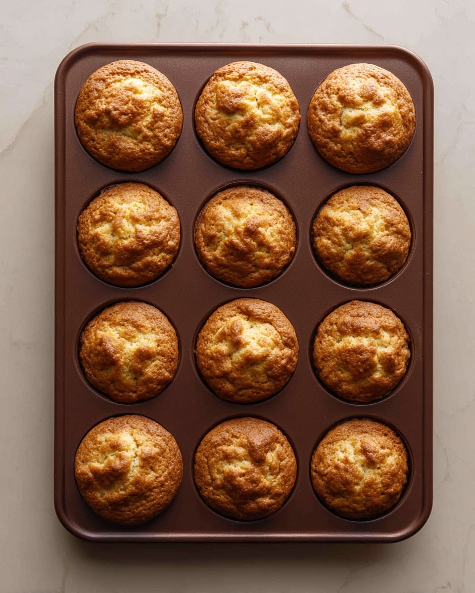The image shows a dark brown metal baking tray filled with fifteen round muffins arranged in a 3 by 5 grid. The muffins have a golden brown top with a rough, cracked texture that reveals a soft inside. The background surface is a white marbled texture. The photo taken with an iphone --ar 4:5 --v 7