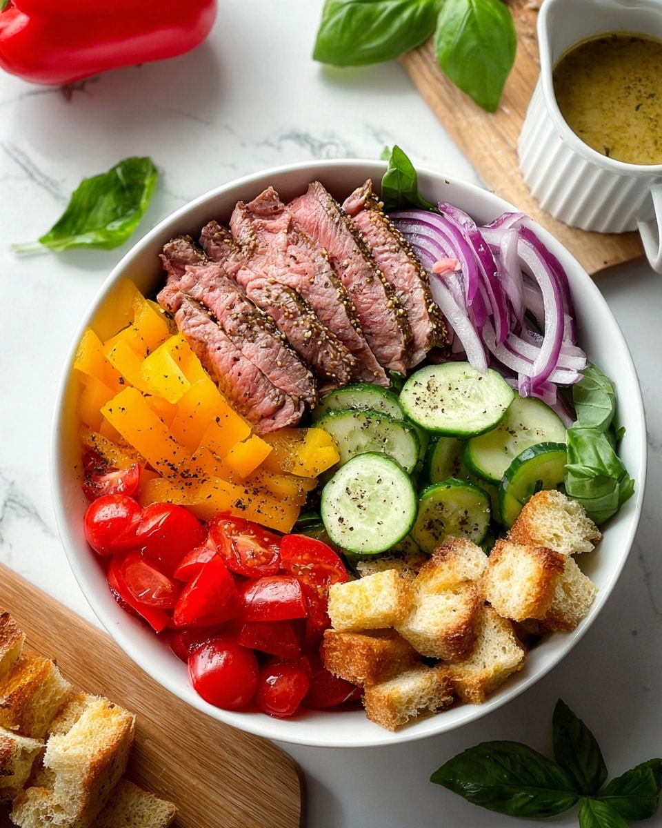 A white bowl filled with a colorful salad is the main focus, containing multiple layers and textures. The bottom layer has large chunks of grilled bread, with some pieces showing a charred black and golden brown crust. Intermixed throughout are slices of cooked beef, which are light brown and tender-looking with some pink inside. There are bright zucchini slices with green skin and white flesh, small pieces of red and yellow bell peppers, and ripe tomato chunks adding vibrant reds and oranges. Thin purple onion slices are scattered within, along with fresh green basil leaves. A wooden spoon rests inside the bowl on the right side. The bowl is set on a white marbled surface, with a red bell pepper and fresh basil leaves on the side. A small ceramic cup with a mustard yellow dressing and a striped cloth napkin are nearby. Photo taken with an iphone --ar 4:5 --v 7