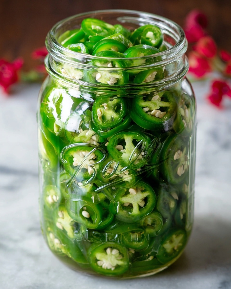 A clear glass jar filled with many thinly sliced bright green jalapeño peppers, showing their seeds and soft inner flesh. The slices fill the jar fully from bottom to top, packed tightly and stacked in layers with visible moisture inside. The jar is detailed with a raised script logo on its side. It is set against a white marbled surface with faintly blurred red flowers visible in the background. photo taken with an iphone --ar 4:5 --v 7