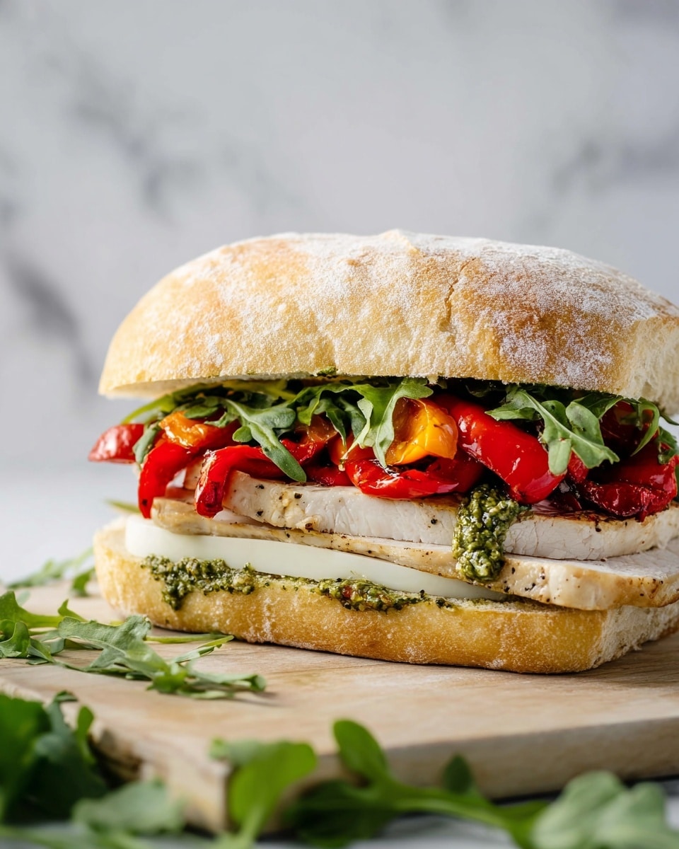The image shows a sandwich with four main layers inside a soft, light brown ciabatta bun that has a lightly floured top. The bottom layer is thick slices of white cheese, followed by two thick slices of seasoned white meat with green pesto sauce drizzled on top. Above the meat is a colorful layer of roasted red and orange peppers, and the top layer is fresh green leafy arugula. The sandwich is placed on a wooden board with some green leaves scattered around, and the background is a white marbled texture. Photo taken with an iphone --ar 4:5 --v 7