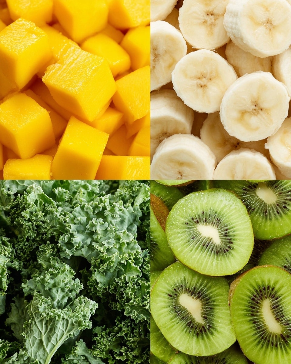 The image shows a close-up of four different fresh fruits and vegetables arranged in a grid. The top left section has bright yellow cubed mango pieces with a smooth, juicy texture. The top right section displays round, pale cream banana slices with soft centers and a slightly glossy surface. The bottom left section is filled with vibrant green, curly kale leaves with a rough, textured surface and visible veins. The bottom right section features bright green kiwi slices showing their translucent flesh with small black seeds all around the center. The background is a white marbled texture photo taken with an iphone --ar 4:5 --v 7