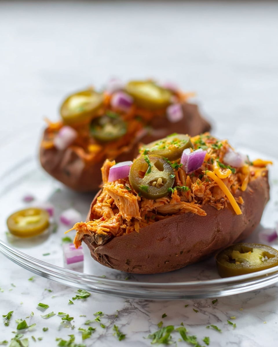 The image shows two baked sweet potatoes placed on a clear white plate against a white marbled surface. Each potato is split open and filled with a layer of shredded orange cheddar cheese and reddish-orange shredded chicken mixed with a sauce. On top, there are green sliced jalapeños, small pieces of purple diced onions, and green parsley sprinkled over as garnish. Extra cheese, jalapeños, and onion pieces are scattered around the plate, adding color and texture to the scene. photo taken with an iphone --ar 4:5 --v 7