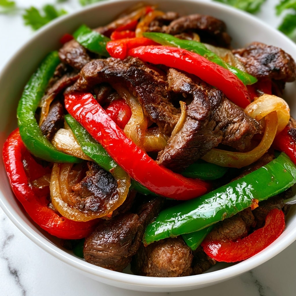 A close-up view of a white bowl filled with cooked strips of dark brown beef, mixed with bright red and green bell pepper slices and light brown cooked onion strips. The beef pieces have a slightly charred texture, showing a rich cooked surface. The red bell peppers are vibrant and shiny, lying across the beef and green bell peppers, which are also shiny and fresh-looking. The onions have a soft, translucent appearance, curling among the other ingredients. The bowl is set on a white marbled surface with some green cilantro leaves in the background. photo taken with an iphone --ar 4:5 --v 7