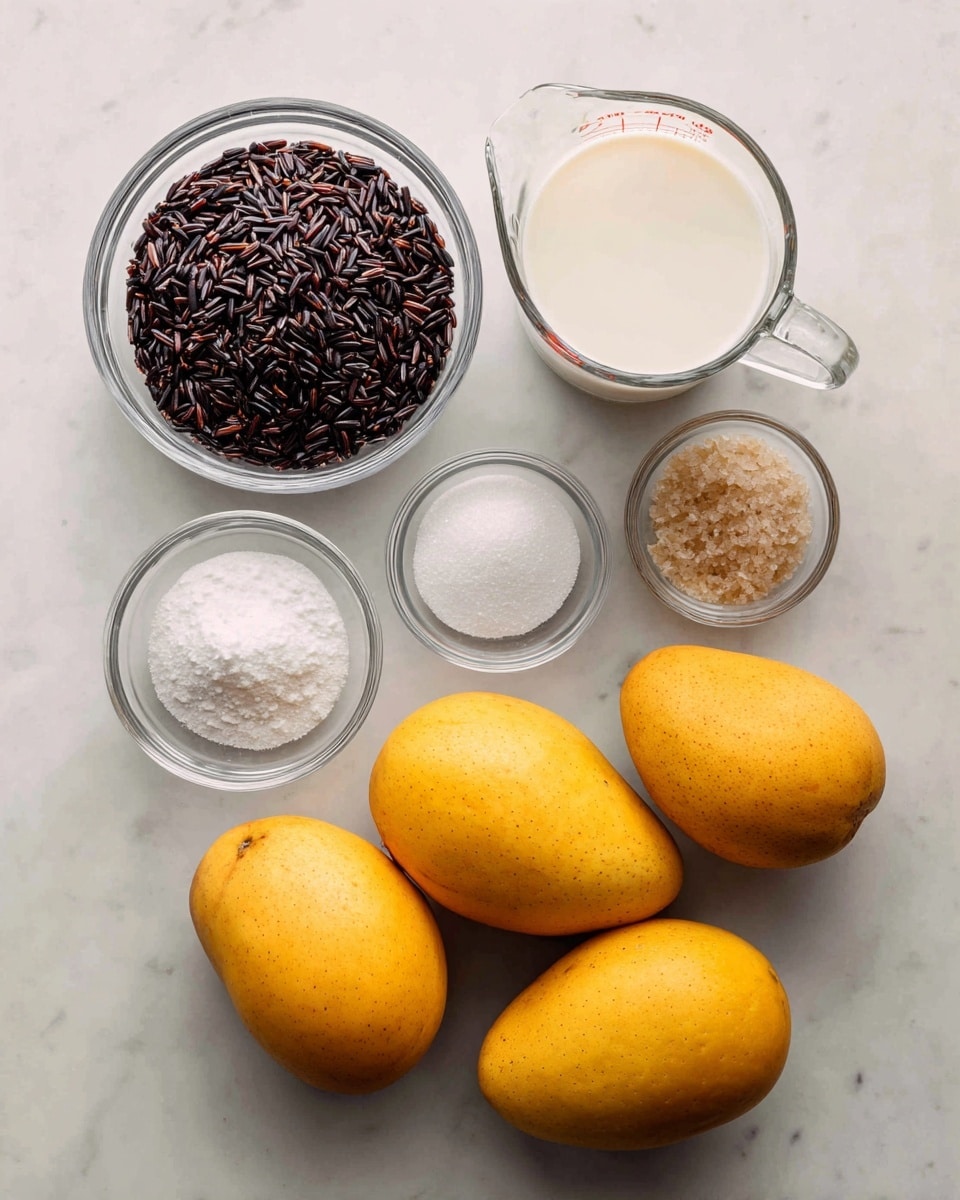 The image shows six ingredients arranged neatly on a white marbled surface: on the left, a clear glass bowl filled with dark purple-black rice grains, next to it a measuring cup filled with white coconut milk; to the right, three small clear bowls containing white salt, white granulated sugar, and light brown sugar; and on the far right, four whole ripe mangoes with yellow-orange skin placed side by side. photo taken with an iphone --ar 4:5 --v 7