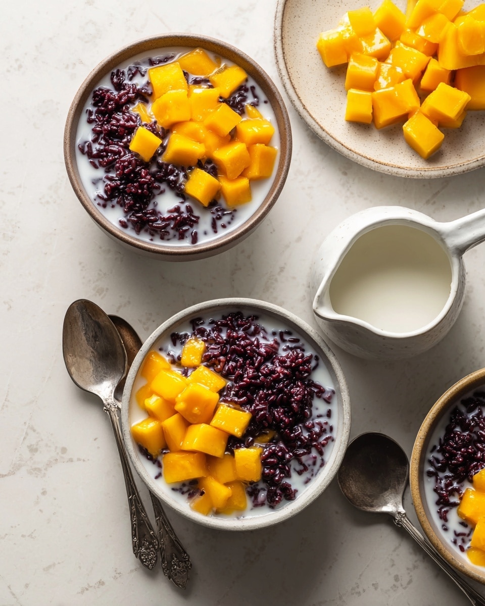 The image shows bowls of a dessert with three visible layers: bright orange mango cubes on one side, dark purple-black sticky rice on the other side, and white coconut milk poured over both. Each bowl contains these layers side by side, creating a strong color contrast between the orange, dark purple, and white. Two spoons rest inside the front bowl, and there is a small white pitcher with more coconut milk nearby on a white marbled surface. The background includes another bowl and a plate with more mango cubes, all on the same white marbled texture. The overall look is fresh and colorful. photo taken with an iphone --ar 4:5 --v 7