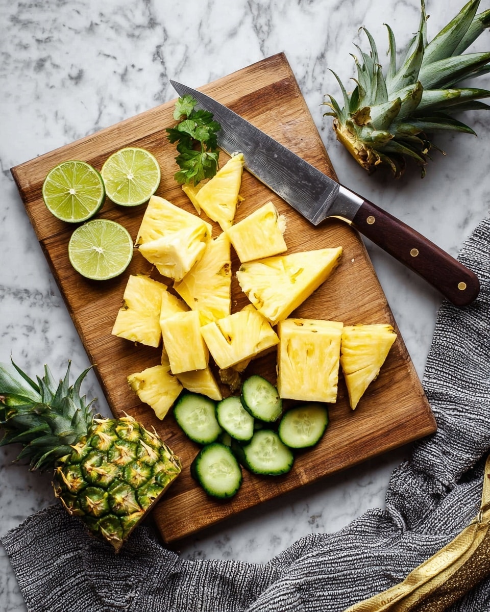 A wooden cutting board holds several thick triangular and square pieces of bright yellow pineapple spread across the middle and right side, with some green pineapple skin with spiky texture placed on the bottom left. Three lime wedges with a light green color are on the left side above the pineapple skin. Four dark green cucumber slices with white flesh are below the pineapple chunks near the bottom center. A large knife with a dark brown wooden handle rests on the right side of the board, partially under a pineapple top with green spiky leaves and a small pineapple piece. A gray and white striped cloth with a golden edge lies at the bottom right corner on a white marbled surface. Photo taken with an iphone --ar 4:5 --v 7