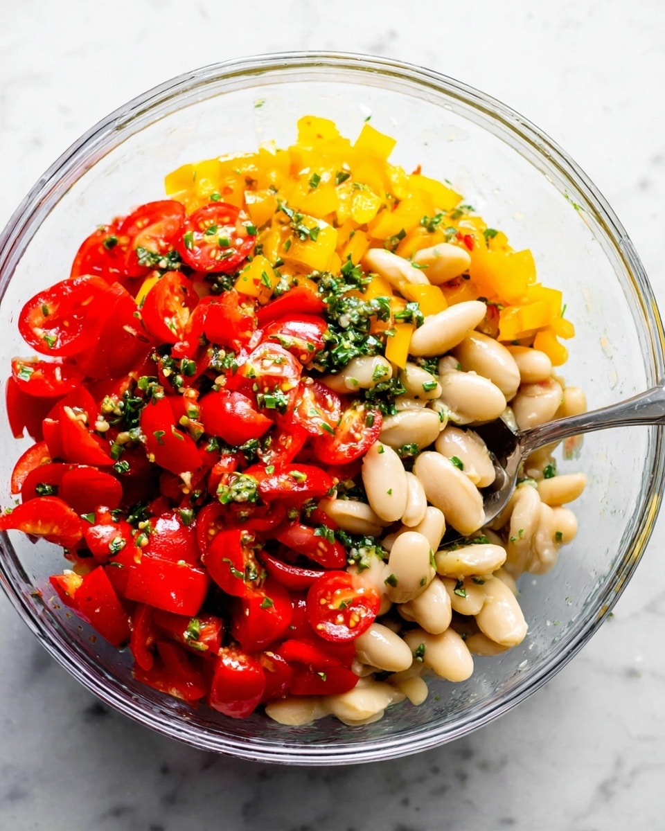 A clear glass bowl sits on a white marbled surface, filled with three visible layers of ingredients. The bottom layer is made up of large, soft white beans with a smooth, slightly shiny texture. Above that is a mix of bright yellow diced bell peppers, adding a crunchy texture. On top, there are sliced red grape tomatoes that are shiny and juicy, some garnished with small bits of chopped green herbs scattered across the layers. A silver spoon is partially submerged in the bowl, ready to mix the ingredients. photo taken with an iphone --ar 4:5 --v 7