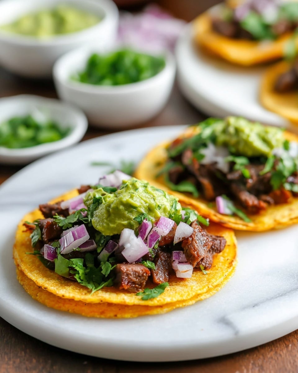 The image shows a close-up of a taco on a white plate with a white marbled surface underneath. The taco has three layers: the bottom layer is a golden-yellow crispy tortilla, the middle layer consists of diced cooked meat in small chunks with a dark brown color, and the top layer includes finely chopped red onions and green cilantro leaves. On top of the onions and cilantro, there is a scoop of bright green guacamole with a soft, slightly chunky texture. In the blurred background, there are more tacos filled similarly on another white plate, along with small white bowls holding green sauce, chopped herbs, and more red onions. Photo taken with an iphone --ar 4:5 --v 7