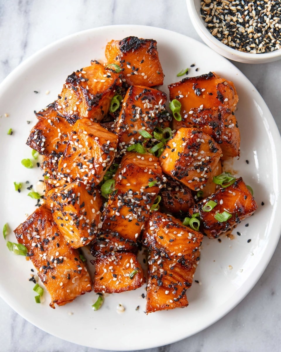 The image shows a white plate filled with several pieces of grilled salmon, each piece having a shiny, caramelized orange-brown color with slight char marks. The salmon pieces are cut into thick chunks and are sprinkled with both white and black sesame seeds. Small pieces of chopped green onion are scattered across the salmon, adding a fresh green contrast to the warm tones of the fish. In the top right corner, there is a small white bowl filled with mixed black and white sesame seeds. The dish is set on a white marbled surface. photo taken with an iphone --ar 4:5 --v 7