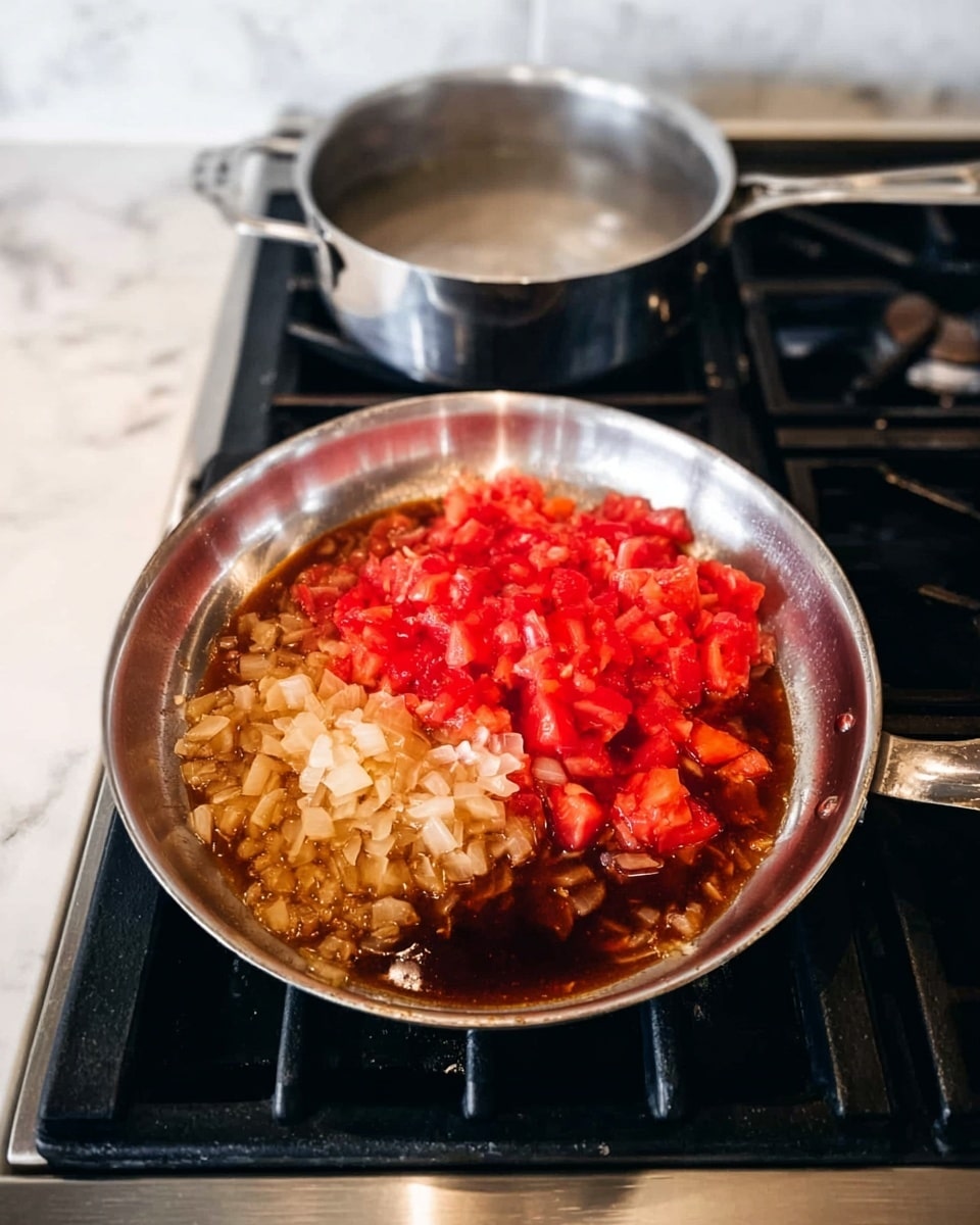 A silver pan on a stove holds a cooking mixture with three visible layers: at the bottom is a dark brown liquid, above it a layer of light brown chopped onions, and on top a heap of bright red diced tomatoes. Behind the pan, a silver pot is boiling water on another stove burner. The stove surface is black, and the background is a white marbled texture. photo taken with an iphone --ar 4:5 --v 7
