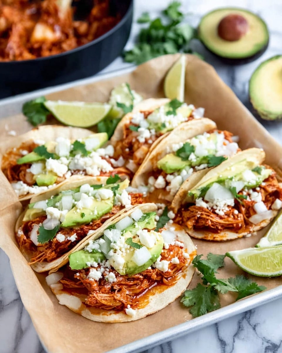 Four tacos sit on a white tray lined with light brown parchment paper. Each taco has three layers: a soft white tortilla base, a middle layer of reddish shredded meat, and a top layer of green avocado slices, white small onion pieces, crumbly white cheese, and scattered fresh cilantro leaves. There are three lime wedges resting on the tray around the tacos. In the background, a blurred black pan filled with reddish meat and a halved avocado with the seed visible is placed on a white marbled surface. Photo taken with an iphone --ar 4:5 --v 7
