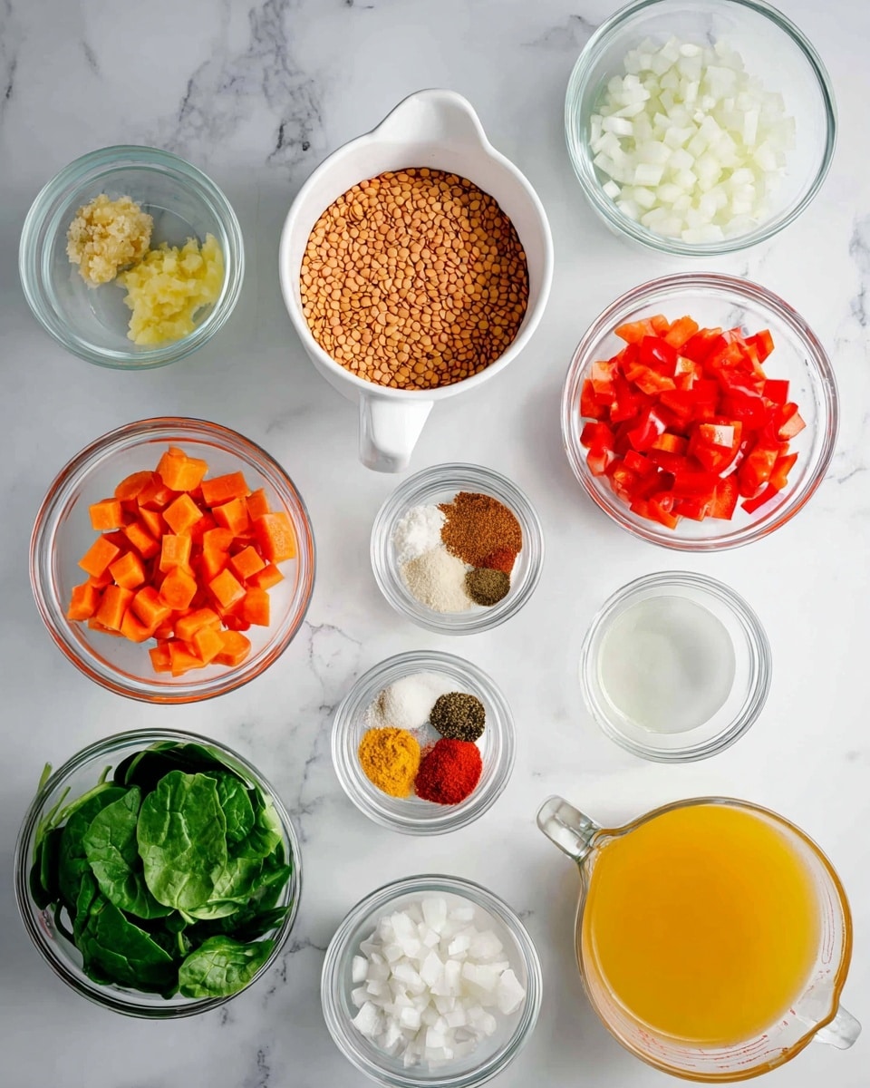 This image shows several small white bowls and clear glass cups arranged on a white marbled surface. At the center is a white measuring cup filled with light brown lentils. Around it, starting from the top left, is a small clear bowl with white diced onions, a clear bowl with chopped orange carrots to the right, a white bowl with diced red bell peppers below the carrots, and a small white bowl filled with multiple ground spices, showing colors like brown, red, and yellow. To the left of the spice bowl is a tiny white bowl with light yellow minced ginger, and above that is a clear glass bowl with chopped garlic. At the bottom left, there is a small white bowl with fresh green spinach leaves. Next to it is a clear measuring cup with a yellow liquid, likely broth, and to the right of that is another clear measuring cup with a white frothy liquid. Near the top left corner is another small clear bowl with a clear liquid, likely oil. The colors are fresh and vibrant, layered in a neat and organized way. Photo taken with an iphone --ar 4:5 --v 7