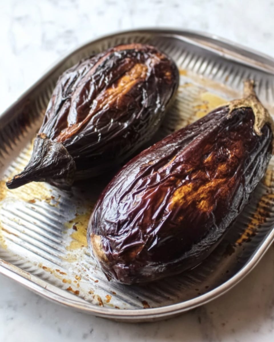 Two large, roasted eggplants with dark, wrinkled, and shiny skin rest on a silver metal tray with ridge patterns. The eggplants have a deep brown-black color with some slightly lighter patches, showing a soft and cooked texture. The tray has light stains from cooking, and it sits on a white marbled surface that adds a clean, bright background to the image. Photo taken with an iphone --ar 4:5 --v 7