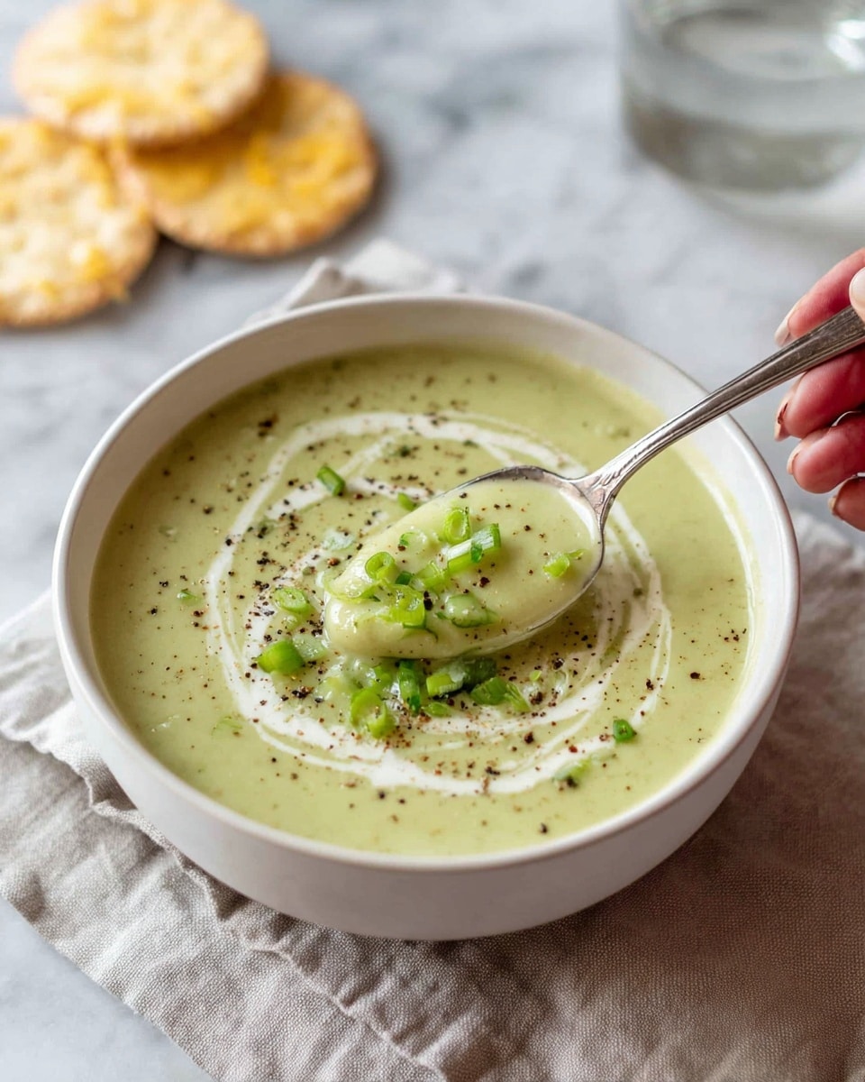 A white bowl filled with creamy light green soup that has a smooth texture and is garnished with bright green chopped scallions and cracked black pepper on top; a swirl of white cream adds contrast in the middle. In the front right, a shiny silver spoon scoops some soup, held by a woman's hand with part of the fingers visible. The bowl is placed on a light beige cloth, and in the blurred background, there are two crackers with a yellow spread on them on a white marbled surface. A glass of water is also partially visible in the top right corner. Photo taken with an iphone --ar 4:5 --v 7