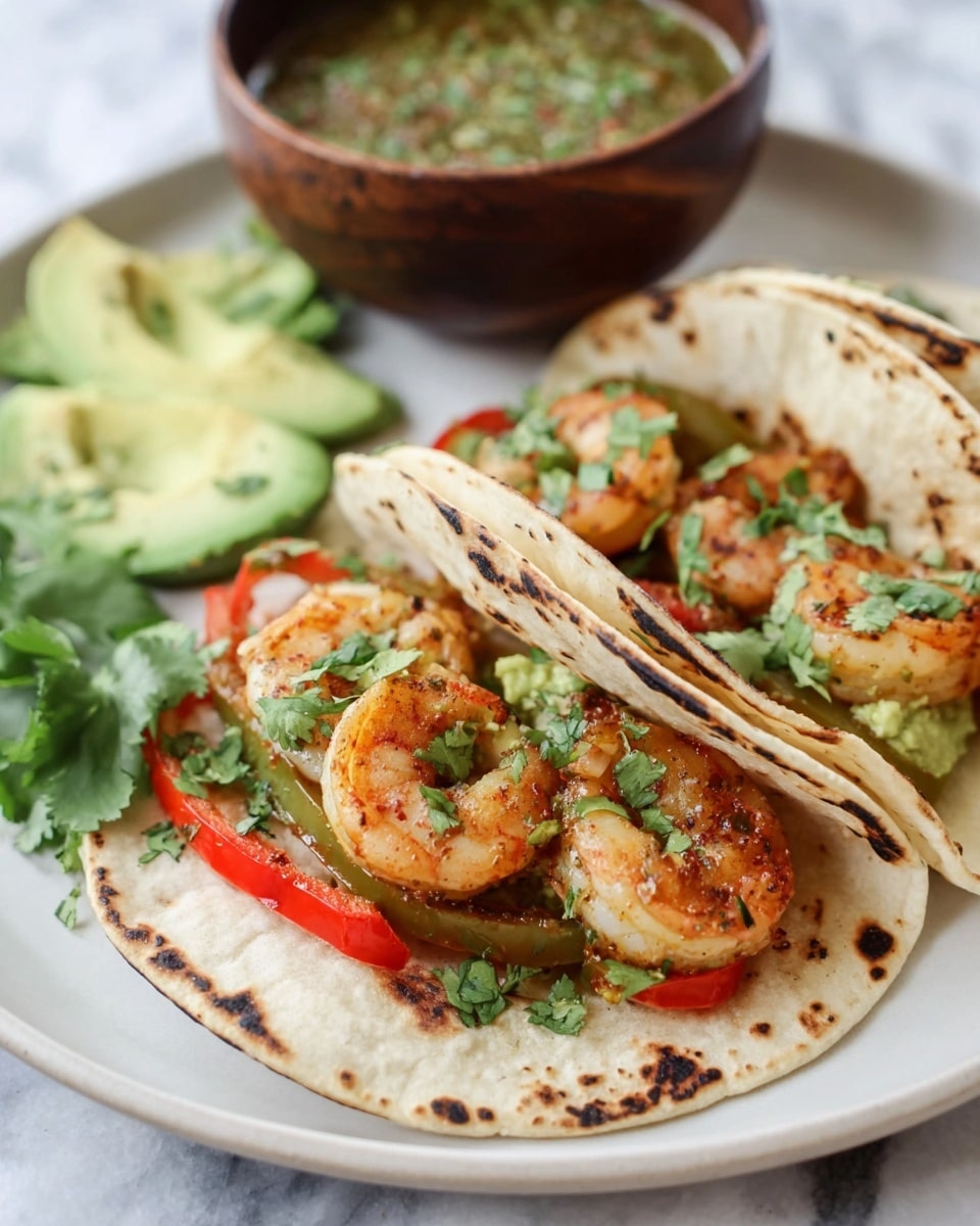 Two small tortillas with charred spots are placed side by side on a white plate, each filled with three layers: the bottom layer has slices of red and green bell peppers, the middle layer has bits of green guacamole, and the top layer shows plump, cooked shrimp sprinkled with chopped fresh green cilantro. To the left of the tacos, sliced avocado pieces are scattered with more cilantro. In the background, there is a dark wooden bowl filled with green salsa that has visible herbs on top. The entire scene rests on a white marbled surface. photo taken with an iphone --ar 4:5 --v 7