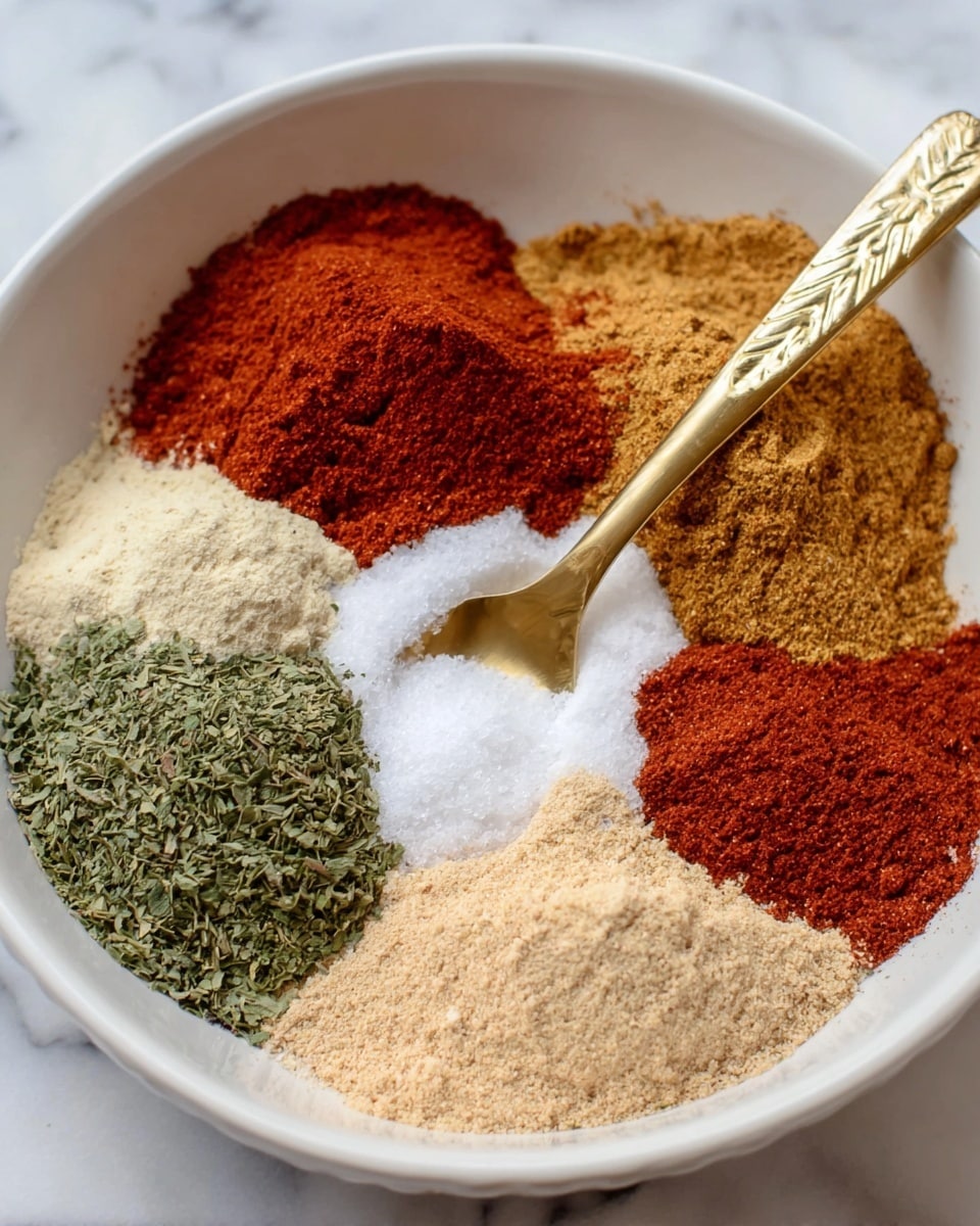 A white bowl filled with seven different spices arranged in separate piles in a circular pattern. At the top is a pile of bright red chili powder, to its right is a light brown powder, then a pale yellow powder below it. At the bottom right is another pile of finely ground beige powder, next to it is a bright red powder, and to the bottom left is a pile of green dried herbs. In the center is a small white pile of salt with a white and gold spoon partially buried in it. The bowl is placed on a white marbled surface. Photo taken with an iphone --ar 4:5 --v 7