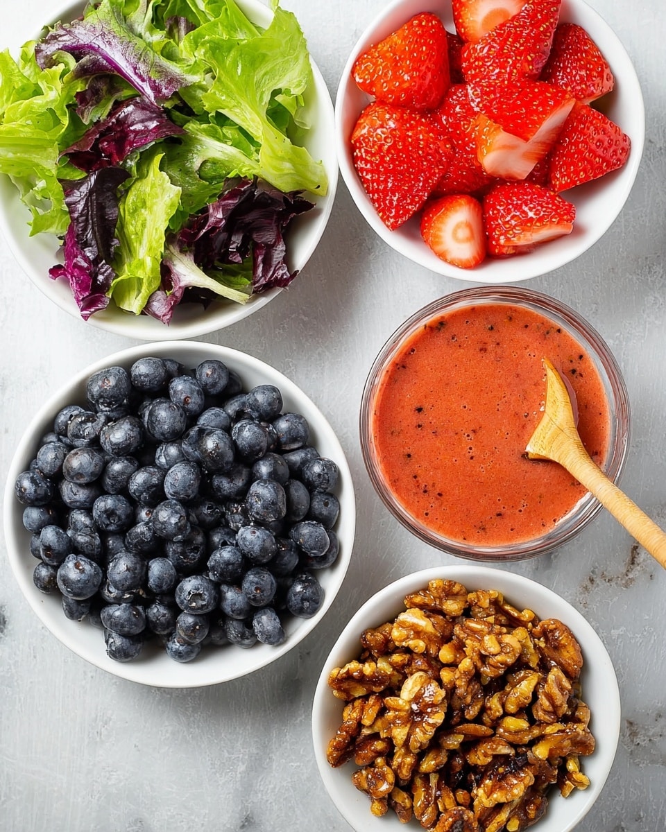 The image shows five white bowls and plates arranged on a white marbled surface. The top left bowl contains fresh green and purple lettuce leaves with a crisp texture. To its right, another bowl is filled with sliced bright red strawberries, each piece showing juicy and smooth surfaces. Below the lettuce, a plate is full of dark blue, plump blueberries that have a light sheen. Next to the blueberries, there is a bowl of reddish-orange smoothie with small black seeds inside, and a small wooden spoon resting in it. The bottom center bowl holds a pile of golden-brown candied walnuts, covered in a sugary coating with a crunchy texture. Photo taken with an iphone --ar 4:5 --v 7