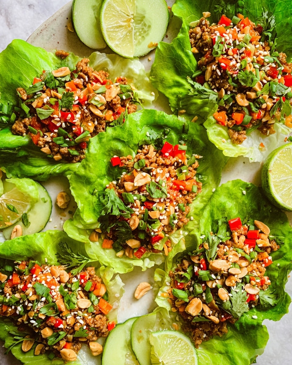 The image shows five lettuce leaves arranged on a white marbled surface, each topped with a colorful mix of cooked ground meat, bright red diced bell peppers, chopped green onions, and peanuts, sprinkled with white sesame seeds and fresh green herbs. Thin cucumber slices form a base layer underneath the meat mix on some leaves, adding a light green color. In the middle of the plate, there are halved lime pieces showing their juicy, bright green inside. The colors are fresh and vibrant, with green, red, tan, and beige tones contrasting on the white background. Photo taken with an iphone --ar 4:5 --v 7