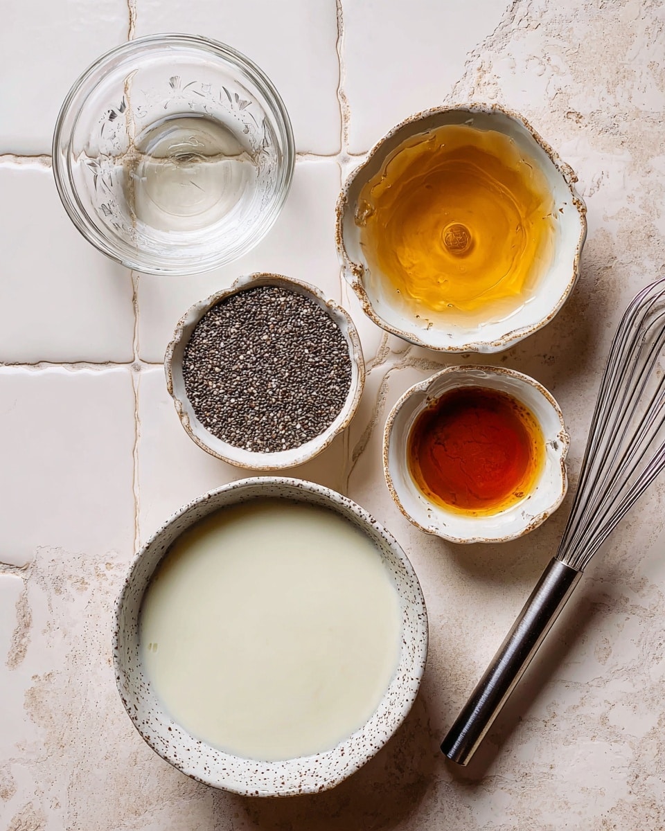 A top view shows several small white bowls with ingredients arranged on a white marbled tile surface. In the top left corner, a clear glass mixing bowl is visible. Below it, a small white bowl is filled with tiny black chia seeds. To the right of that, a small white bowl holds a dark amber liquid. Below and to the left, another small clear bowl contains a lighter amber liquid. On the right side, a white bowl with speckled edges is filled with a smooth, creamy white liquid. A metal whisk rests near the top right of the image. Photo taken with an iphone --ar 4:5 --v 7