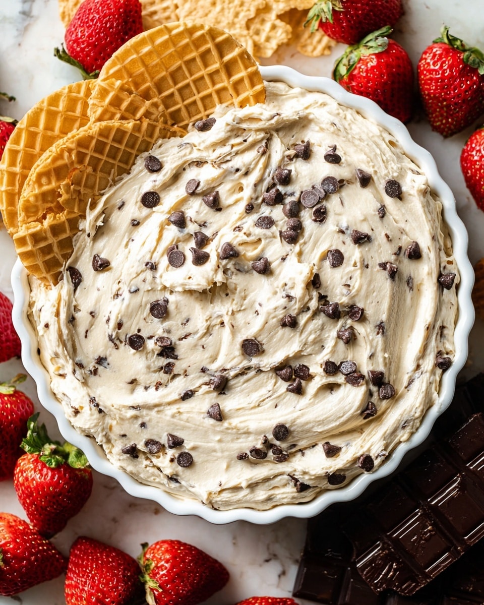 A white fluted dish filled with a thick layer of creamy, light beige cookie dough mixed generously with small dark chocolate chips swirled smoothly on top, surrounded at the edges by three large round golden-brown waffle cookies at the top, some fresh bright red strawberries with green leaves on the left side, and a few chocolate squares with a dark shiny top and light biscuit base in the bottom right corner, all placed on a white marbled surface photo taken with an iphone --ar 4:5 --v 7