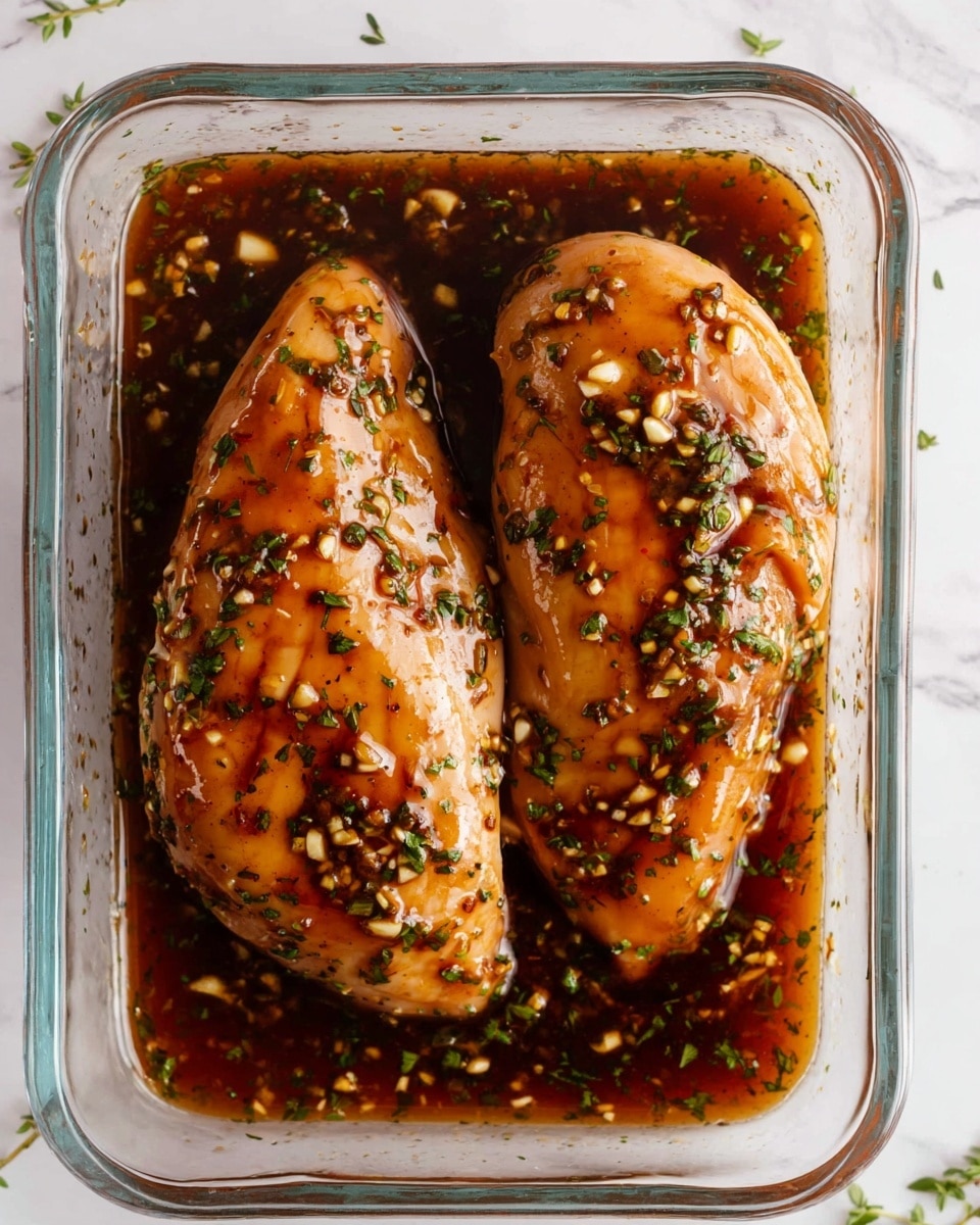 Two raw chicken pieces lie side by side in a clear glass rectangular dish, covered with a dark brown sauce that makes the chicken skin shiny and wet. The sauce has small bits of garlic and green herbs sprinkled evenly across the chicken surfaces and the space around them in the dish. The background shows a white marbled texture with small green herb leaves scattered lightly. Photo taken with an iphone --ar 4:5 --v 7