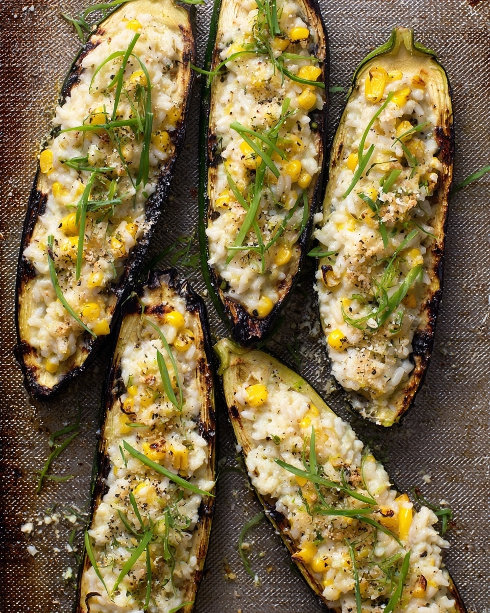 The image shows four grilled zucchini halves placed on a textured surface, each filled with a creamy rice mixture that has visible yellow corn kernels mixed in. The zucchini skins are charred to a dark brown and black, while the flesh is light green and slightly browned near the edges. The rice mixture is off-white with a soft, moist texture, topped with thin green herb strips and a light sprinkle of black pepper and cheese. The composition highlights the contrast of colors and textures with the creamy filling against the charred zucchini shells. Photo taken with an iphone --ar 4:5 --v 7