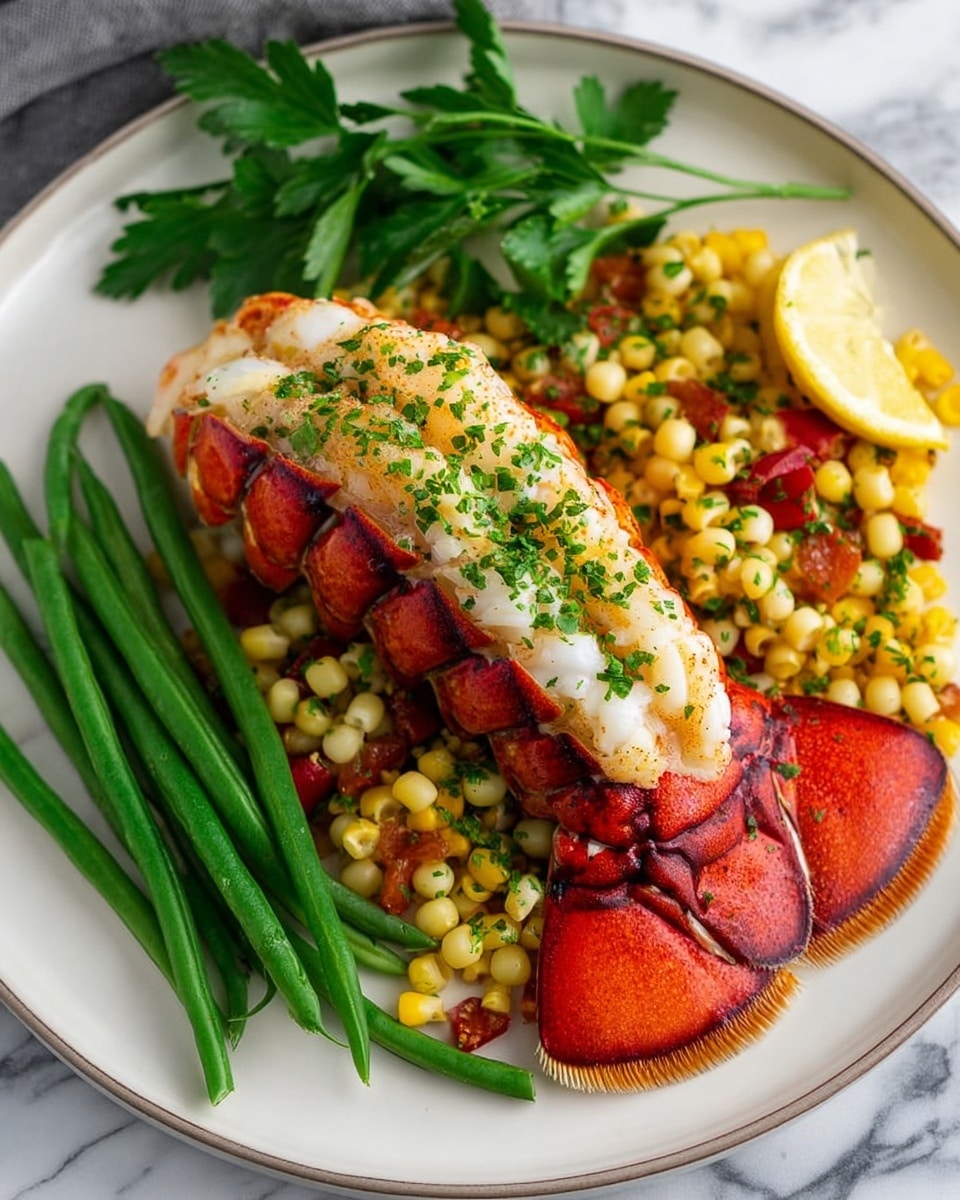 A white plate on a white marbled surface holds a large lobster tail with a bright red shell and creamy white cooked meat on top, sprinkled with green herbs. The lobster tail lies on a bed of small round pasta mixed with yellow corn and small pieces of red bell pepper, all lightly coated with green herbs. To the right side of the plate, there is a small bundle of fresh green beans, bright and glossy. A slice of lemon and fresh green parsley leaves are placed near the top edge of the plate, adding a pop of fresh color. Photo taken with an iphone --ar 4:5 --v 7
