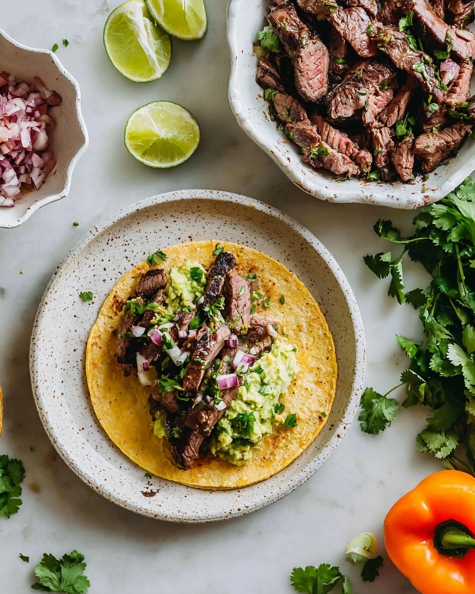 In the image, there is a taco on a white speckled plate placed on a white marbled surface. The taco has three layers: the bottom layer is a soft yellow corn tortilla, the middle layer is green guacamole with a creamy texture, and the top layer is pieces of grilled steak with a brown charred look mixed with fresh green cilantro leaves and small bits of chopped red onions. To the right of the plate is a white bowl filled with more grilled steak, showing a mix of darker brown on the edges and slightly pink inside. Around the plate and bowl, there are scattered fresh cilantro leaves and squeezed lime halves. On the top left, there is a white scalloped dish that contains chopped red onions mixed with green cilantro. Half of an orange bell pepper is visible on the bottom right. The whole scene is bright with natural light. Photo taken with an iphone --ar 4:5 --v 7