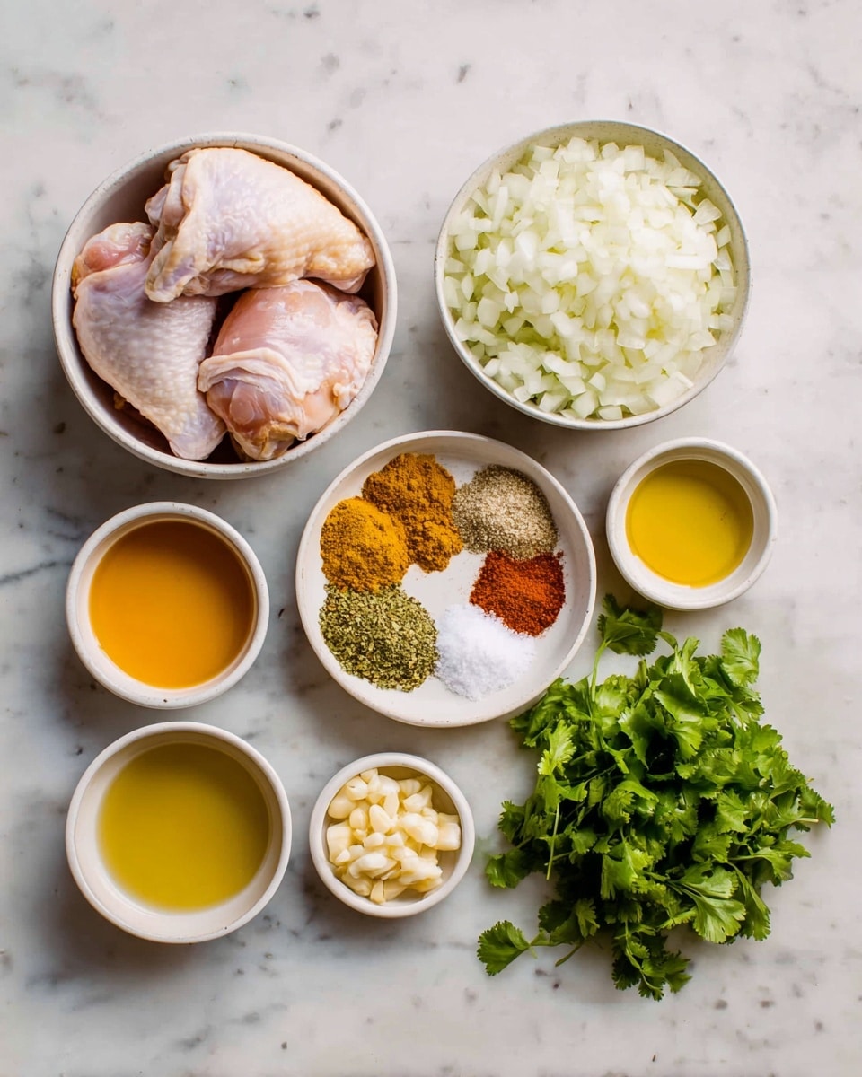 The image shows seven white bowls and a bunch of green cilantro leaves arranged on a white marbled surface. The largest bowl at the top left holds raw chicken thighs with pale pink and white skin. Below it, a large bowl is filled with finely chopped white onions. To the right of the chicken, a round bowl contains a range of spices in separate piles: golden turmeric, orange-brown curry powder, deep red paprika, white salt, and green herbs. Next to the spices, a small bowl has finely minced garlic. Below these, three small bowls contain different liquids: a bright orange oil, a light yellow vinegar or broth, and a pale yellow liquid, possibly lemon juice. The green cilantro leaves are fresh and placed to the bottom right. The photo taken with an iphone --ar 4:5 --v 7