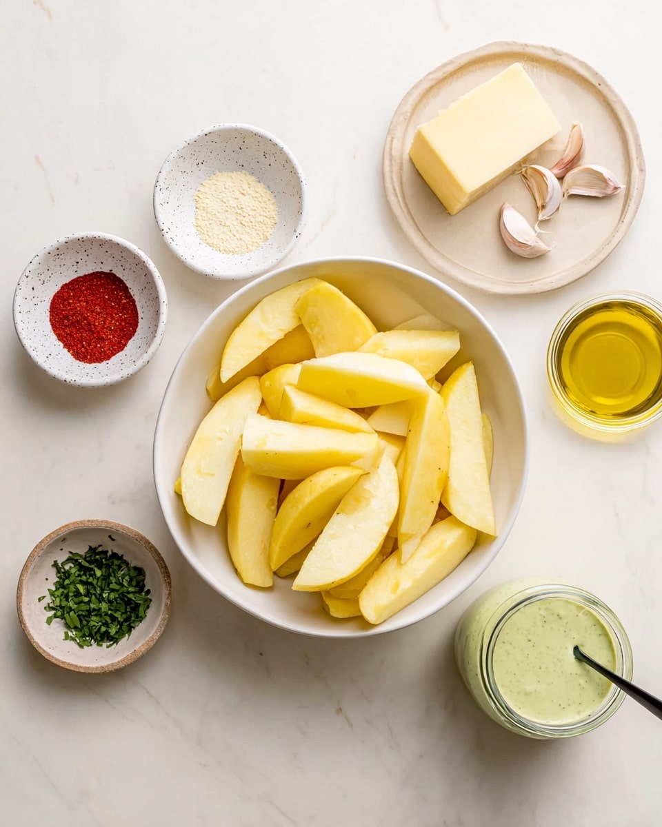 A white bowl filled with thick, pale yellow potato wedges with skin on, placed on a white marbled surface. Surrounding the bowl are small white speckled bowls: one with red, white, and light brown powders, another with olive oil, and a small plate holding a chunk of pale yellow cheese and two garlic cloves. Next to these is a small beige bowl with chopped green herbs and a glass jar filled with creamy light green sauce with a small black spoon inside. Photo taken with an iphone --ar 4:5 --v 7
