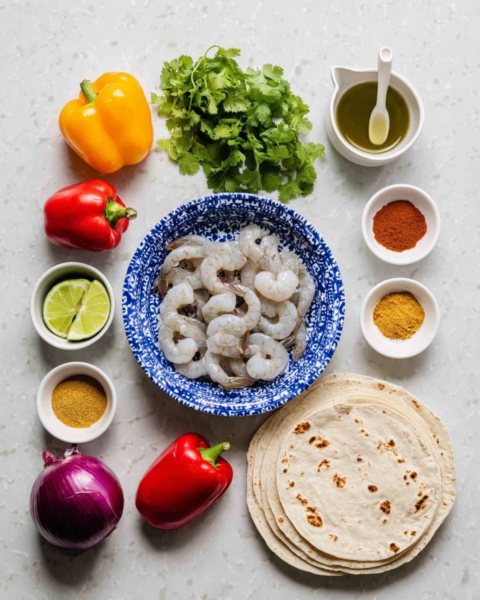 A blue and white patterned bowl in the center holds peeled raw shrimp, grayish-white and curled. Around it on a white marbled surface are small white bowls with yellow garlic powder, salt, red chili powder, and a brown spice. There is also a small white pouring bowl with green olive oil. Fresh green cilantro leaves are on the top left, with a yellow bell pepper below. Next to it is a red onion with purple skin, and a red bell pepper below that. In front is a small white bowl with lime wedges on the bottom left. On the bottom right is a white plate stacked with light beige tortillas showing brown spots. photo taken with an iphone --ar 4:5 --v 7
