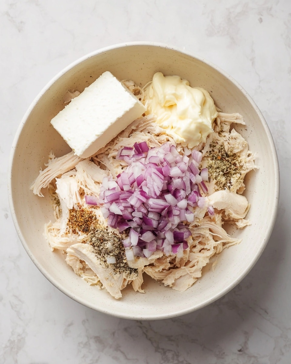 A white bowl sits on a white marbled surface filled with layers of shredded pale chicken as the base. On top of the chicken, there is a heap of finely chopped purple and white onions near the center. To the left, a rectangular block of white cream cheese rests on the chicken. Below the cream cheese, there is a dollop of pale yellow mayonnaise. Near the onions, scattered evenly are small piles of light brown and black spices. The scene is bright and clean. Photo taken with an iphone --ar 4:5 --v 7