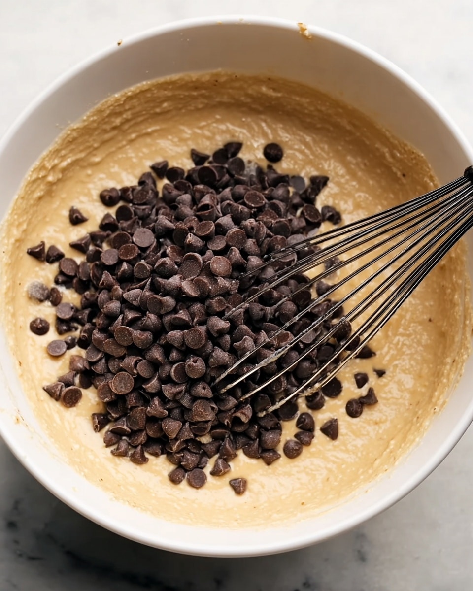 A white bowl filled with a thick, creamy batter of light brown color, with a large mound of small, dark brown chocolate chips sitting on top. A black metal whisk is partially immersed in the batter and chips, showing some mixing motion. The bowl is placed on a white marbled surface. photo taken with an iphone --ar 4:5 --v 7