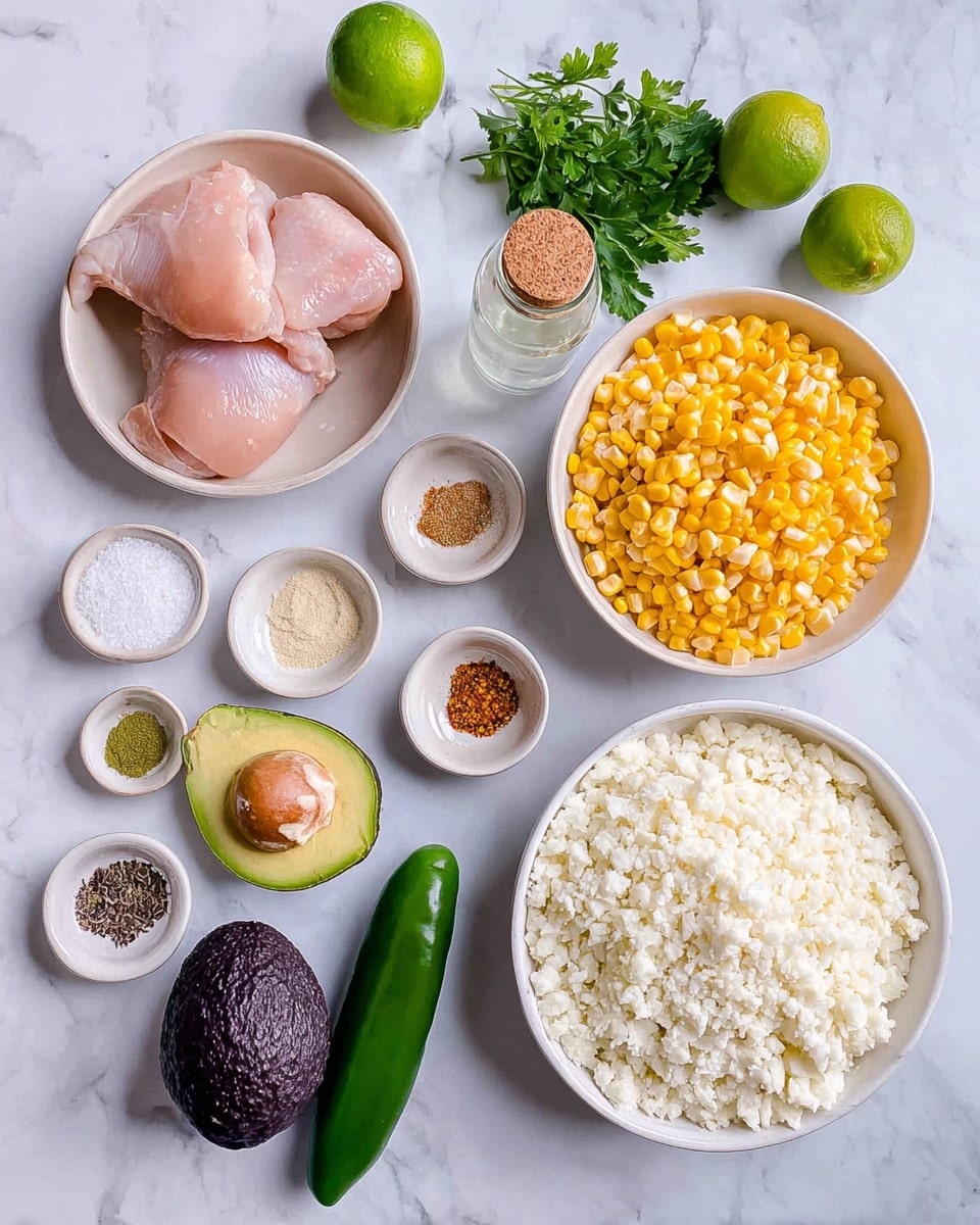 A flat lay image of raw cooking ingredients arranged on a white marbled surface, featuring a large white bowl filled with small white cauliflower rice pieces positioned at the bottom right. Above it to the left is a white bowl containing four pinkish raw chicken pieces. To the right of the chicken bowl is another white bowl full of bright yellow corn kernels. In the center behind the white bowl with cauliflower rice is a small clear glass bottle with a cork, and a small bunch of green parsley rests next to it. Near the bottom center are a dark purple avocado and two green jalapeño peppers placed side by side. Scattered around are several small white bowls holding spices and seasoning, along with salt and pepper shakers, two green limes near the top center, and a few other small ingredients. Photo taken with an iphone --ar 4:5 --v 7
