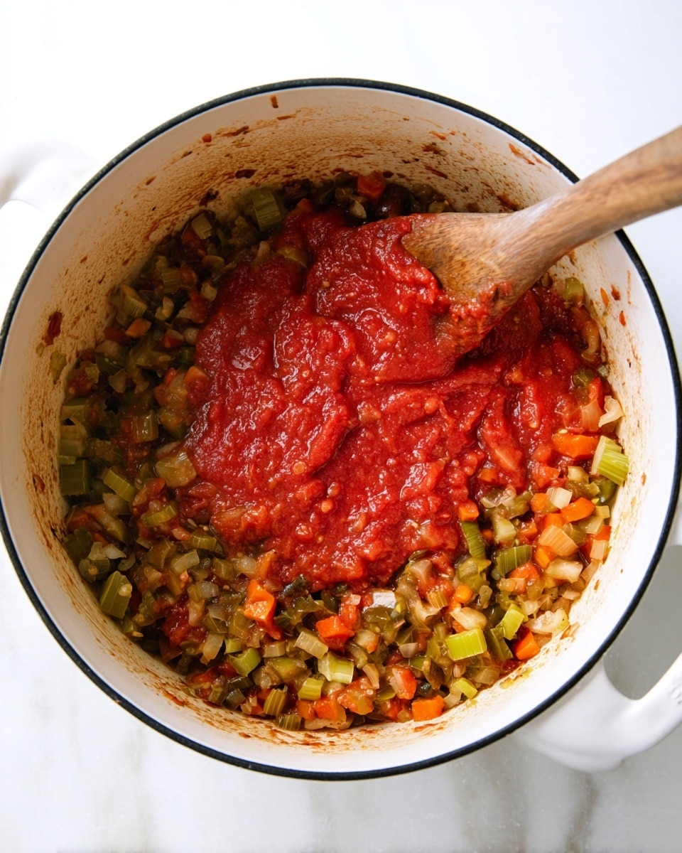 Inside a white enamel pot with a black rim, there is a mix of cooked diced vegetables including green and orange bell peppers, celery, and onions, all softened and mixed together, showing a variety of green, orange, and translucent white colors with some light browning. On top of this vegetable mix, there is a thick layer of vibrant red tomato sauce being stirred by a wooden spoon placed on the right side of the pot. The pot sits on a white marbled surface. photo taken with an iphone --ar 4:5 --v 7