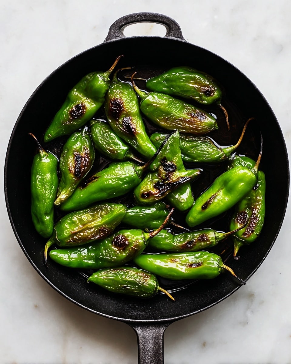 A black cast-iron pan filled with about 20 glossy green peppers that are slightly charred on their surfaces. The peppers vary in size and are spread evenly across the pan, each showing patches of dark brown roasting marks that create a contrast against their shiny green skin. The pan handle is visible at the bottom, resting on a white marbled surface that gives a clean, bright background to the hot peppers. Light is reflecting off the peppers' oily texture, making them look freshly cooked and vibrant. photo taken with an iphone --ar 4:5 --v 7