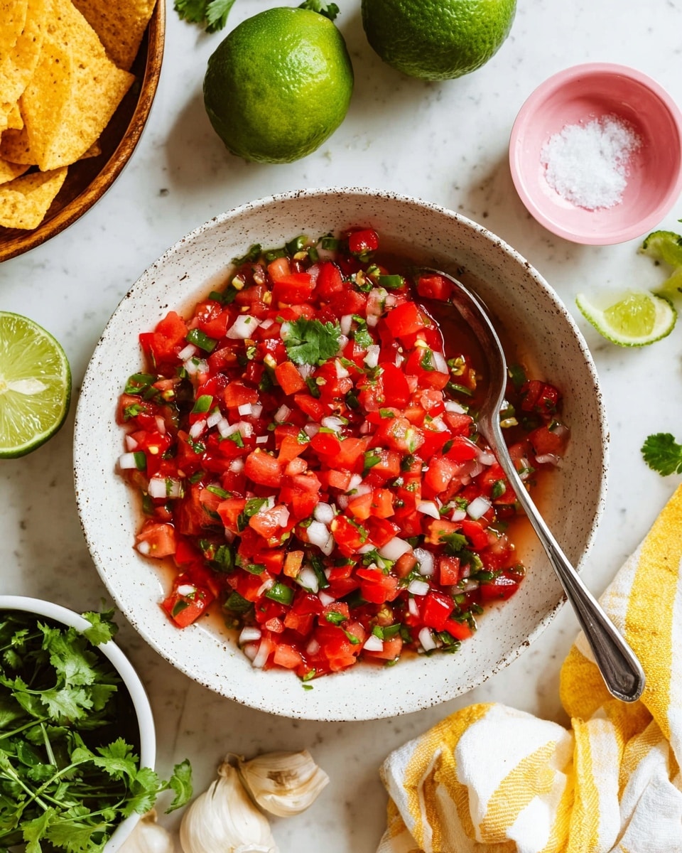 A white speckled bowl filled with fresh salsa showing bright red chopped tomatoes as the main layer mixed with small pieces of white onions, green cilantro, and green jalapeño peppers. A silver spoon rests inside the bowl, partly covered by salsa. Surrounding the bowl on a white marbled surface are half and whole green limes, a pink bowl of white salt, fresh cilantro sprigs, a garlic clove, and part of a white bowl holding yellow corn chips. A yellow and white cloth napkin is at the bottom right corner of the image. Photo taken with an iphone --ar 4:5 --v 7