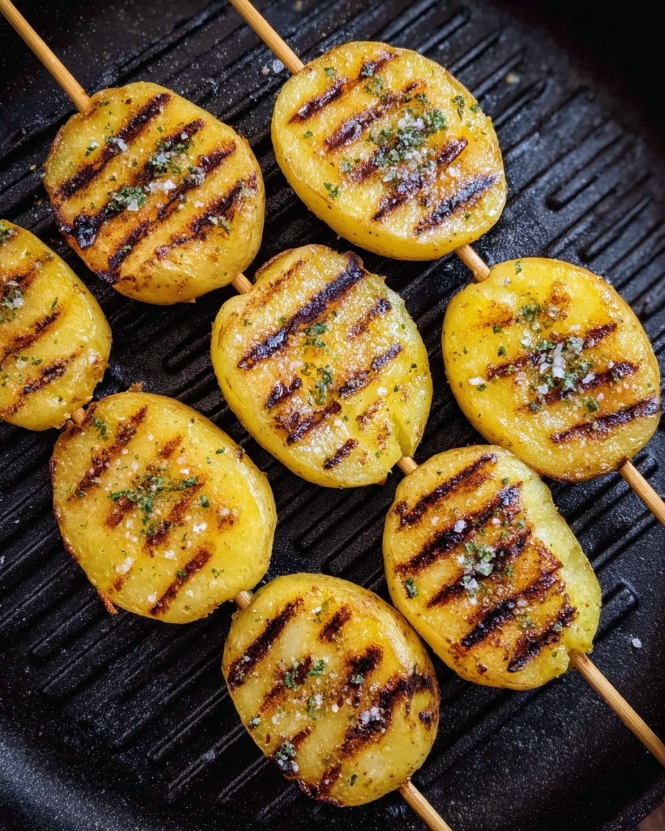 The image shows seven golden-yellow grilled potato halves skewered on thin wooden sticks, placed on a black grill pan with visible grill lines. Each potato piece has three dark brown, slightly charred grill marks on the top surface, which is seasoned with small sprinkles of green herbs and coarse salt. The texture of the potatoes looks soft with some crispy parts, and two of the potatoes have small bites taken out, revealing the soft inside. The grill pan’s ridged surface adds a textured background, and the overall color palette is warm with a focus on the glowing yellow of the potatoes and the dark grill marks. photo taken with an iphone --ar 4:5 --v 7