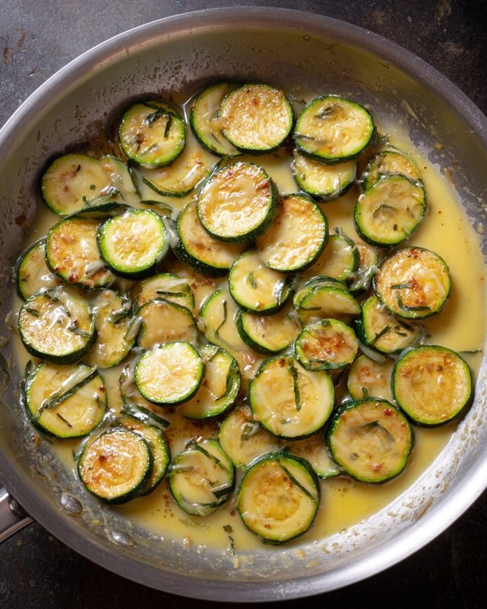 A shallow silver pan filled with several thin, round slices of sautéed zucchini, showing golden brown edges and soft green centers, all covered in a light yellow, slightly thick sauce that pools around the slices. The pan sits on a dark countertop. The zucchini pieces are layered in a single even layer, fully coated by the sauce. Photo taken with an iphone --ar 4:5 --v 7