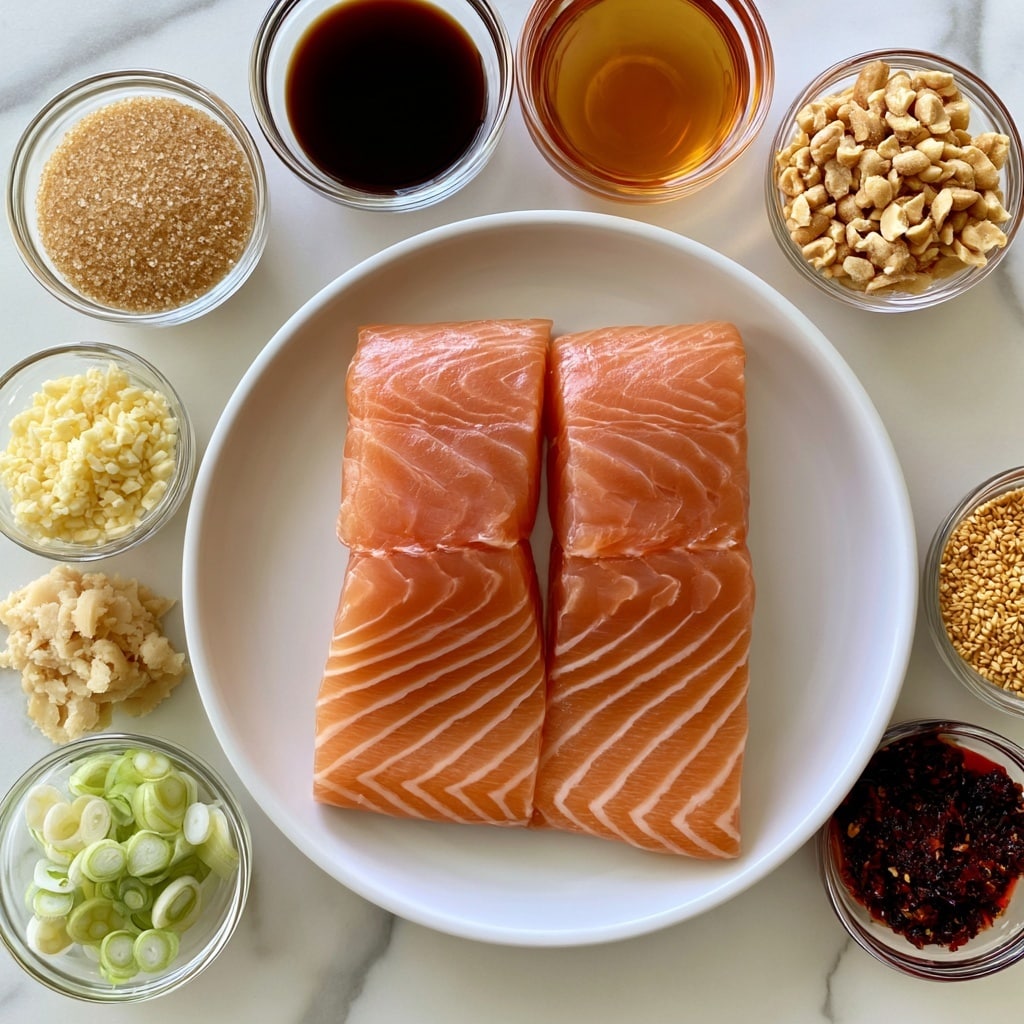 Two raw salmon fillets with visible white lines are placed side by side in the center of a round white plate. Surrounding the plate are small clear glass bowls, each holding different ingredients: one with light brown granulated brown sugar, one with dark brown soy sauce, one with amber honey, one with crushed peanuts in light tan color, one with finely chopped pale yellow garlic, one with pale beige grated ginger, one with sliced green onion showing light and dark green rings, one with golden sesame seeds, and one with dark red chili crisp sauce. All the items are arranged neatly on a white marbled surface. Photo taken with an iphone --ar 4:5 --v 7