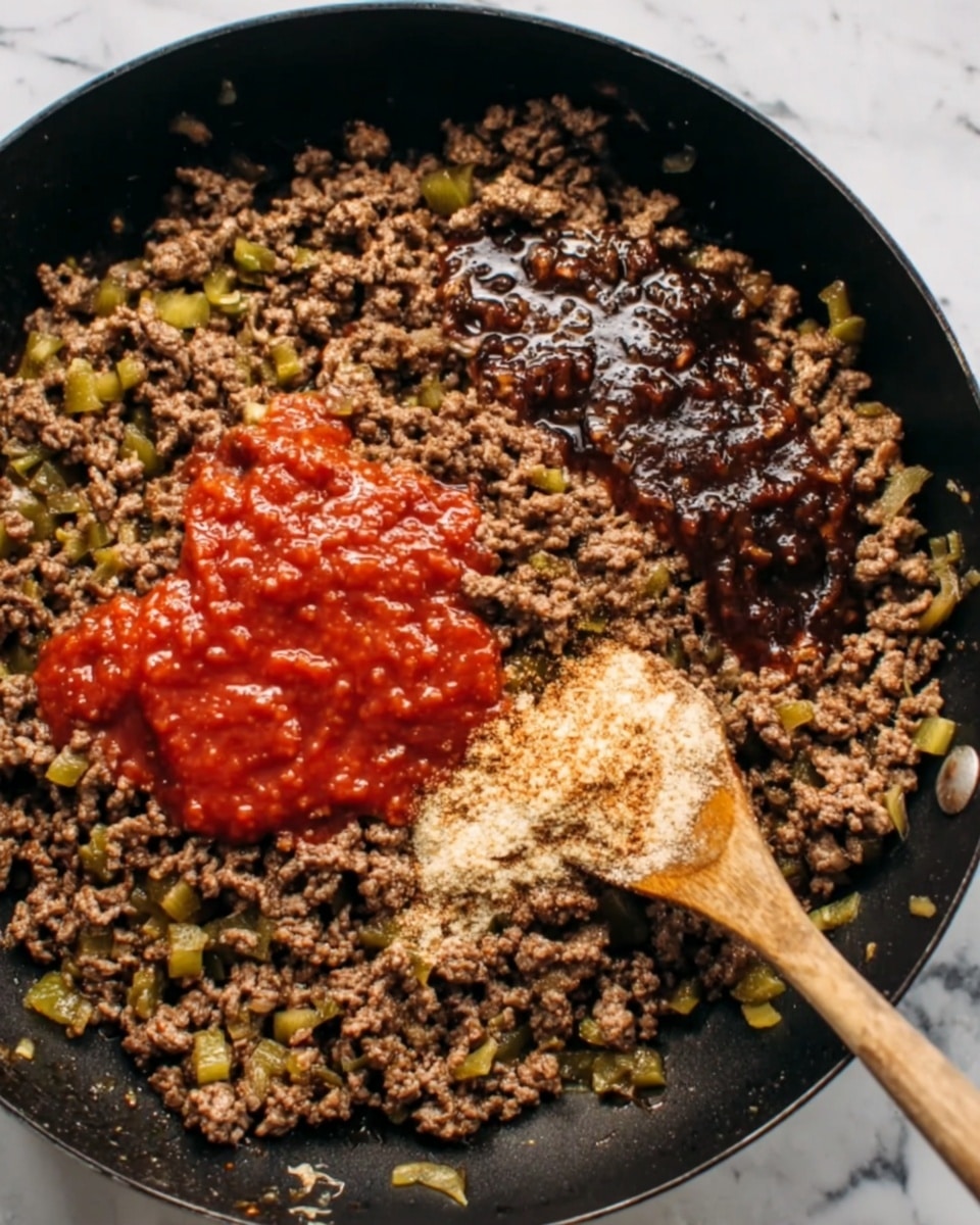 A black pan filled with cooked ground meat mixed with small pieces of green bell peppers, showing a browned and crumbly texture all around. In the middle, there are three patches of sauce layers: a shiny dark brown sauce on the top right, a bright red sauce with a smooth texture in the center, and some light brown powder sprinkled on top of both sauces. A wooden spoon is partially visible on the right side, resting on the meat mixture. The background has a white marbled texture. Photo taken with an iphone --ar 4:5 --v 7