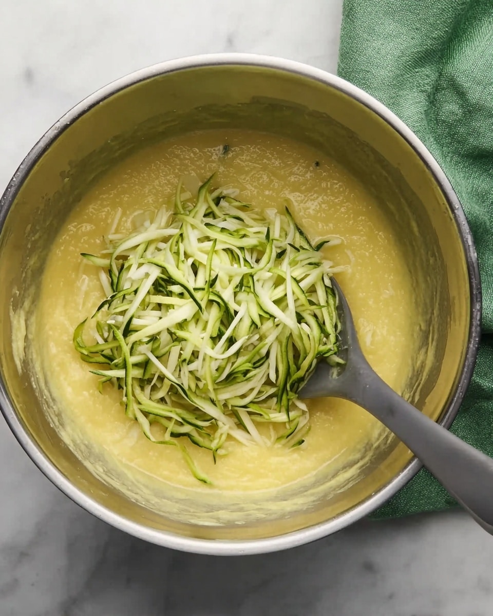 A stainless steel bowl filled with a smooth, yellow mixture occupying most of the bowl's base and sides, topped with a pile of thin, light green and white shredded zucchini strands resting slightly off-center. A dark gray spoon is partially dipped into the mixture on the right side of the bowl. The bowl is placed on a white marbled surface with a green cloth partially visible in the upper right corner. photo taken with an iphone --ar 4:5 --v 7