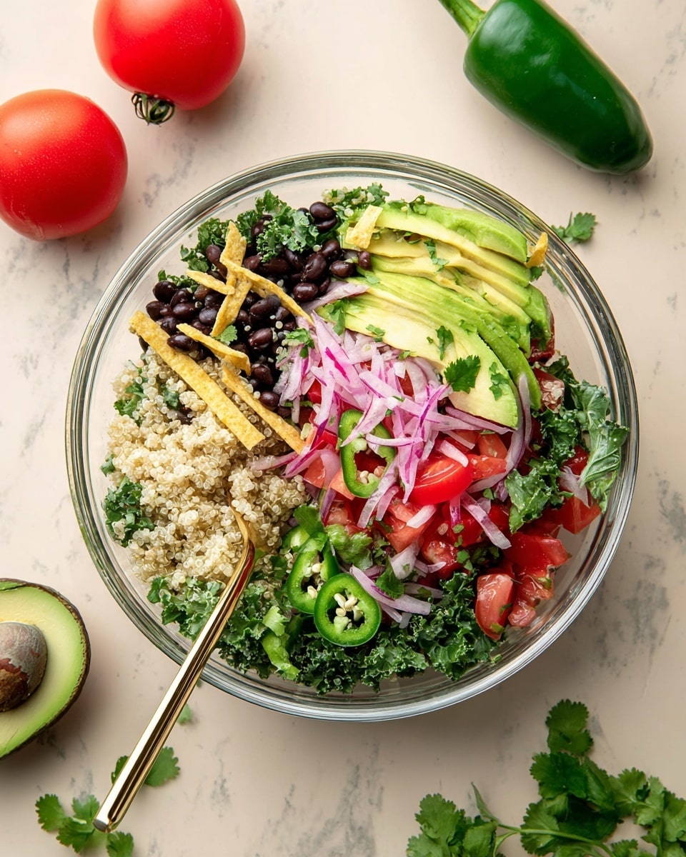A clear glass bowl filled with a colorful salad showing multiple layers and textures: the base is light beige quinoa with fluffy grains, topped with dark green kale leaves, black beans, thin yellow tortilla strips, pale green sliced avocado arranged in a fan shape, bright red tomato chunks, thinly sliced red onions, and sliced green jalapeno peppers. A gold fork stands inside the bowl, and the bowl is placed on a white marbled surface. Around the bowl there are three whole red tomatoes, a whole green jalapeno, and fresh cilantro leaves scattered nearby. Photo taken with an iphone --ar 4:5 --v 7