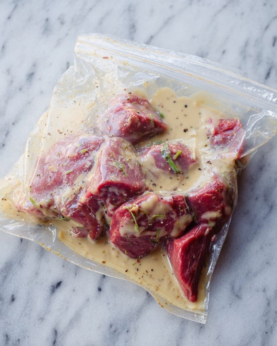 A transparent plastic bag lies on a white marbled surface, holding raw red meat pieces that are covered in a creamy beige sauce with visible specks of black pepper and green herbs. The meat is placed mainly on the right side, partially submerged in the sauce, which pools at the bottom of the bag. The bag is slightly wrinkled and shiny, showing the sauce’s smooth texture inside, with some sauce spreading unevenly on the bag’s surface. photo taken with an iphone --ar 4:5 --v 7