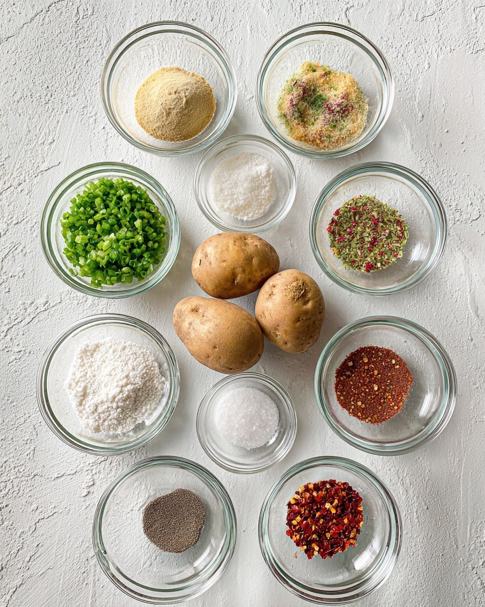A white marbled surface holds nine clear glass bowls, each with a different ingredient, arranged in a grid pattern. At the bottom center, a larger bowl contains four medium brown potatoes with rough skin. Above this, smaller bowls hold, from left to right: light beige powder, mixed crushed herbs with red and green flakes, and brown crumbly powder. To the left middle row is a bowl filled with bright green chopped herbs. At the center of the middle row is a bowl with white salt crystals. The right middle bowl has white powder with a small scoop mark in it. Bottom row bowls show black pepper powder on the left and red chili flakes on the right. The colors vary from earthy browns and bright greens to white and red hues. Photo taken with an iphone --ar 4:5 --v 7