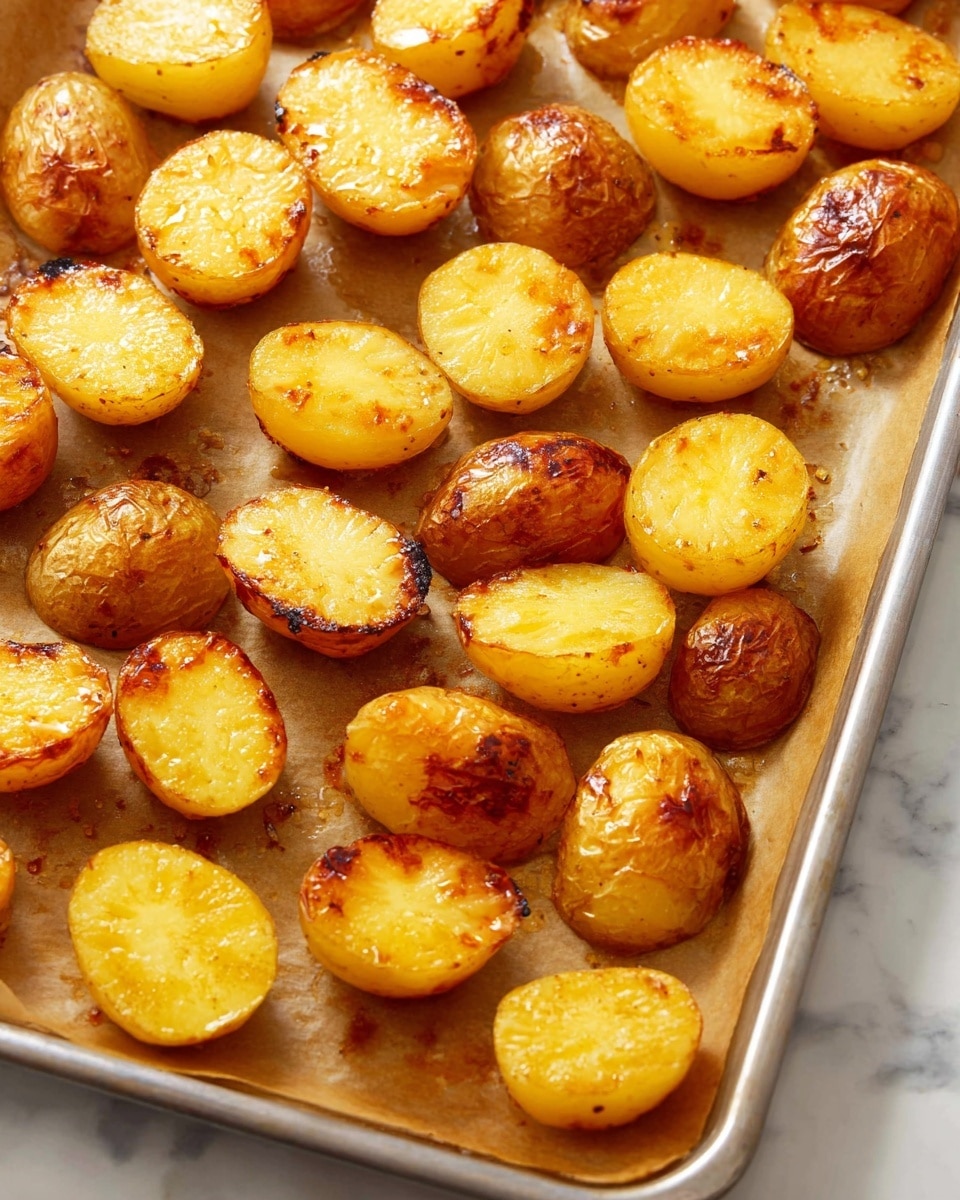 A tray filled with evenly spaced golden roasted potato halves, each showing a shiny, slightly crispy brown skin layer on the bottom and a soft, smooth, pale yellow interior on top. The potatoes are placed on a light brown parchment paper that lines a metal baking tray, all sitting on a white marbled surface, with warm lighting highlighting the glossy textures and slight charred spots on the potato skins. photo taken with an iphone --ar 4:5 --v 7