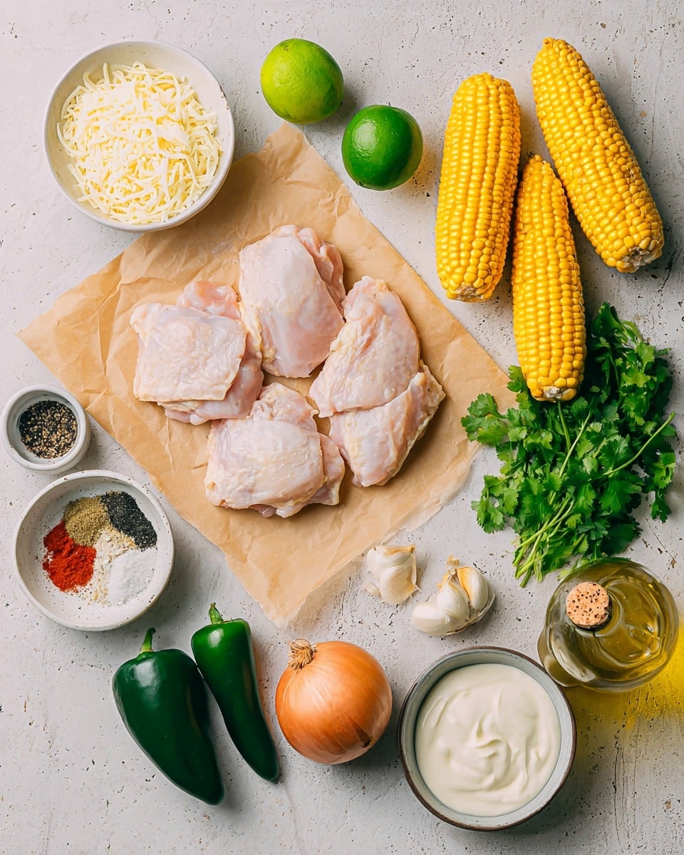 A flat white surface shows several raw chicken pieces placed on a sheet of brown parchment paper on the left side. Above them to the right are three yellow and white corn cobs, and a bright green lime is placed near the top center. To the right side, there is a bunch of fresh green cilantro leaves, next to a small white bowl with mixed spices including black, red, and brown powders. Nearby, there are three cloves of garlic, a dark green poblano pepper, and an orange onion lying on the surface. Two small white bowls at the bottom right contain a creamy white sauce and mayonnaise. At the top left, a white bowl holds finely shredded white cheese, and at the bottom right corner, a clear glass bottle with a wooden cork contains a light yellow liquid, possibly oil. photo taken with an iphone --ar 4:5 --v 7